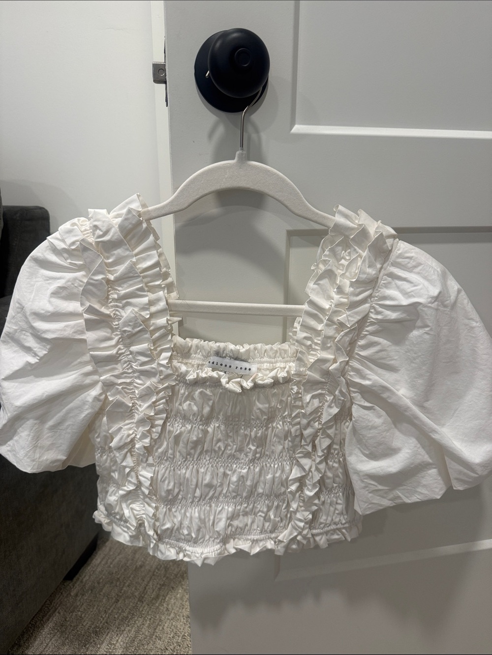 Endless Rose White Ruffled Smocked Puff Sleeve Crop Top